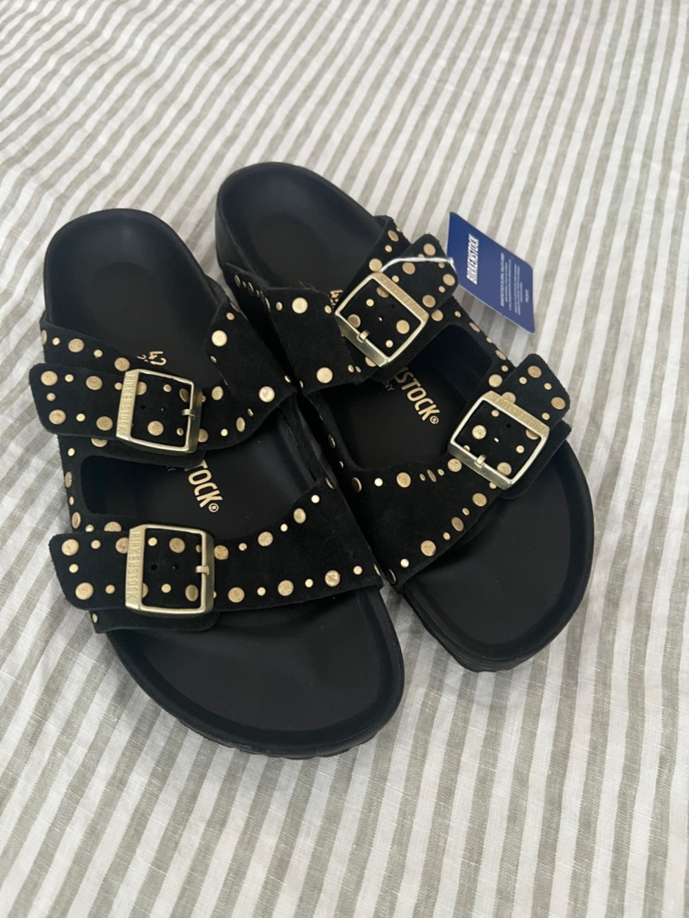 NWT Birkenstock Black Suede Studded Arizona Sandals with Gold Accents